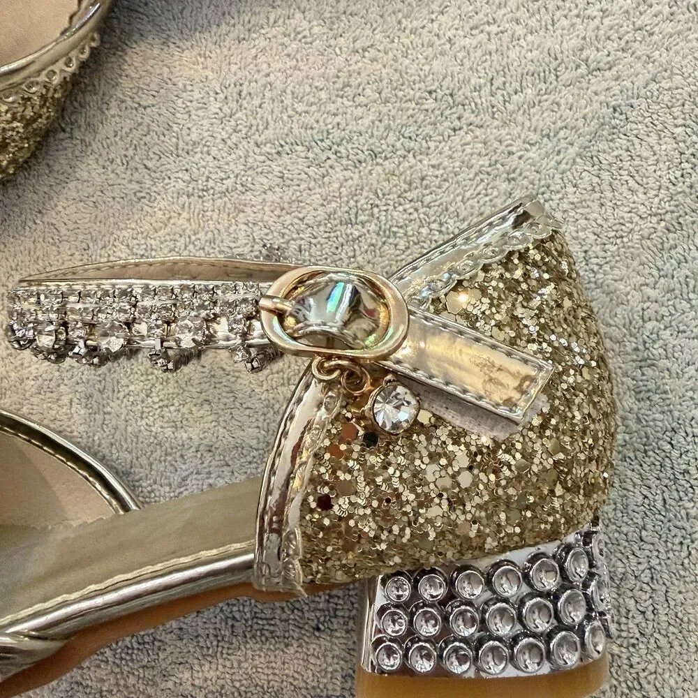 Trish Scully Gold Girls Shoes 4 Heels Butterfly Rhinestone Bling Formal Dance 36